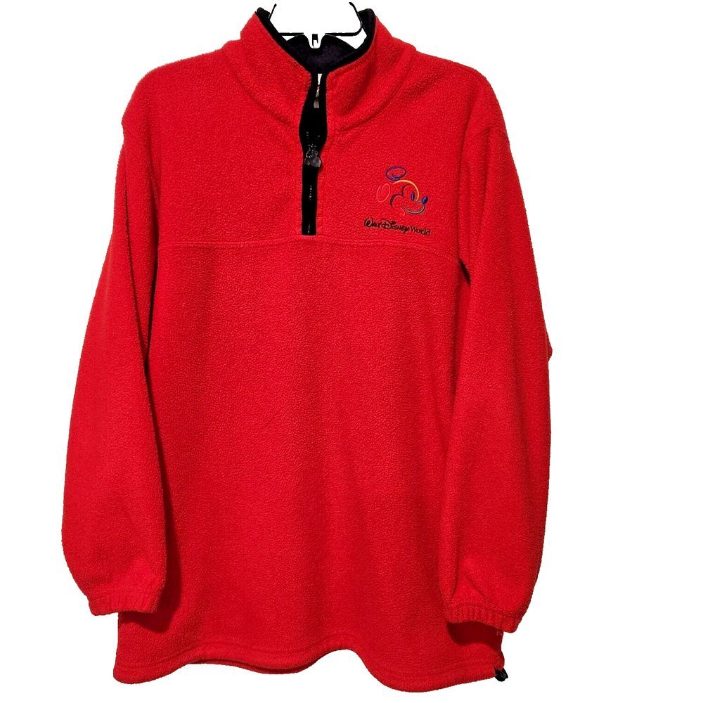 Disney World Fleece Pullover Jacket Mickey‎ Size L Red 1/4 Zip UNISEX Vintage